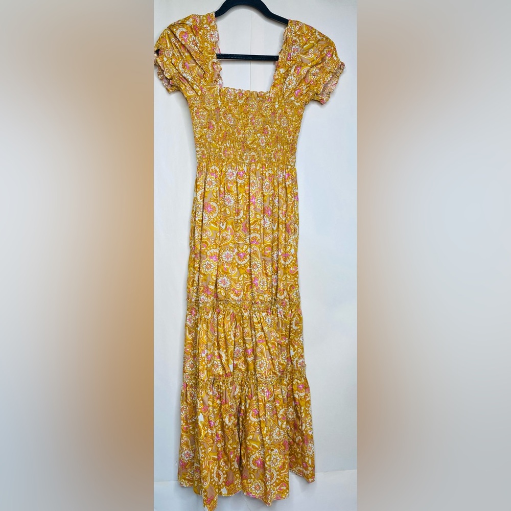 O. P. T. Cotton Women’s Allover Print Tiered Dress, Mustard Sz Sm